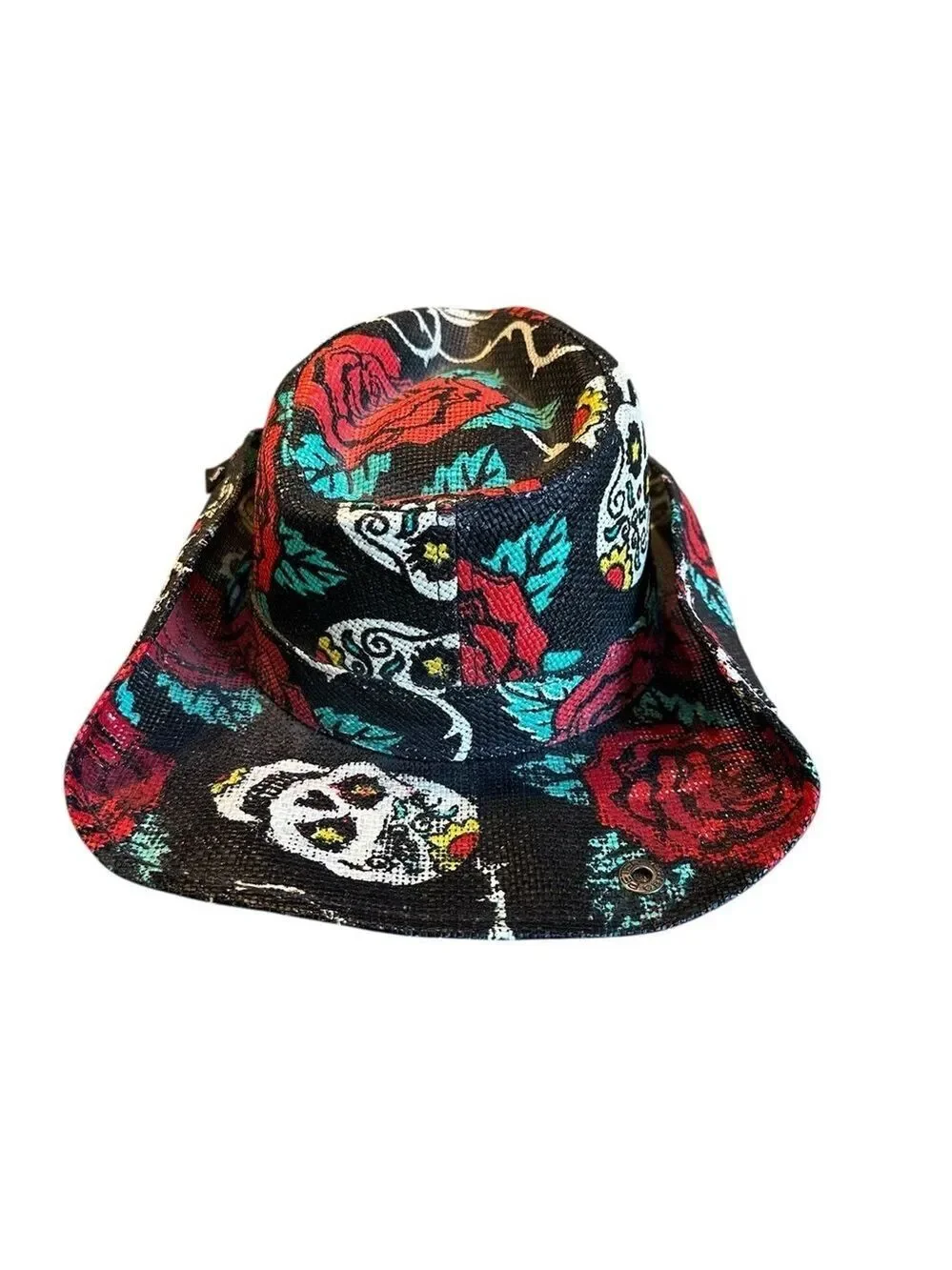 Peter Grimm Cowboy Hat Sugar Skulls/Rose Print Black Cotton Western Cowgirl EUC